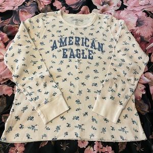American Eagle NWOT Waffle Long Sleeve Top, White/Floral Size: XL